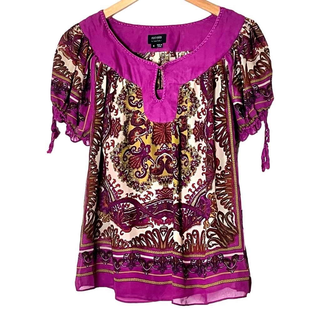 Nicole | Nicole Miller puff sleeve loose fit button front paisley blouse…